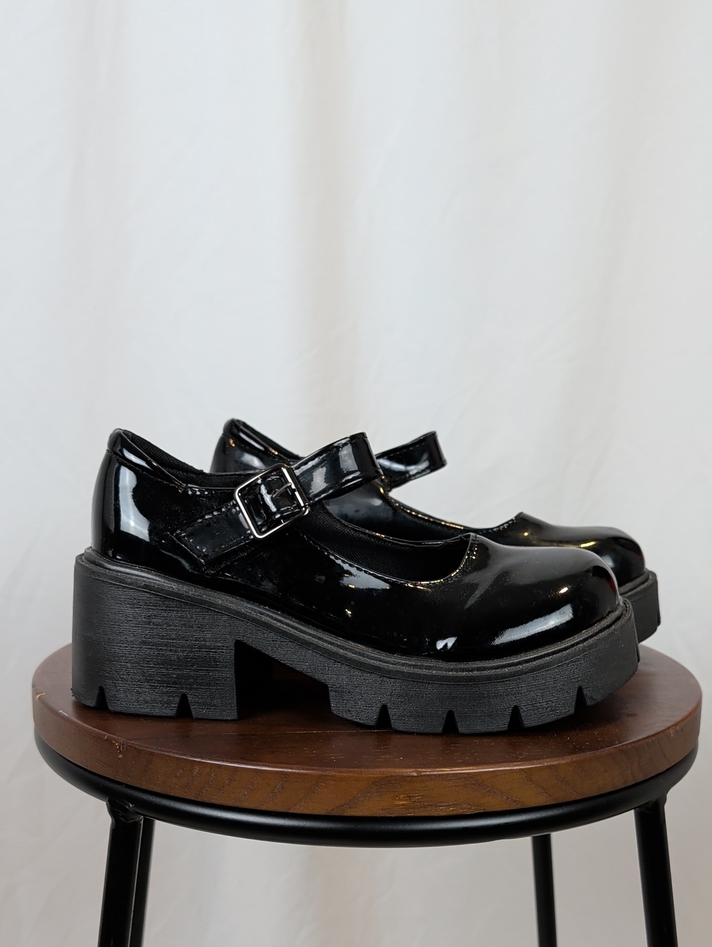 Chunky Platform Black Patent Mary Jane Shoes - Lug Sole Goth Size 6 (EU 36)